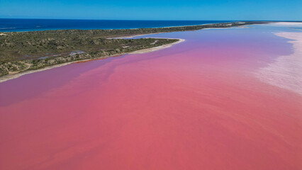 Pink lake next to the coast, divided by streams and streets, seen from above
