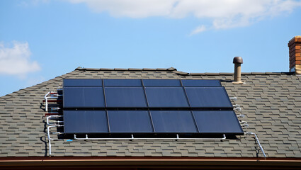 Modern Solar Thermal Panels Installed on Asphalt Shingle Roof, Bright Sunny Day