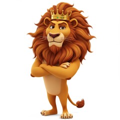 Cartoon Lion King with Golden Crown and Arms Crossed on White Background
