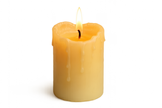 Burning candle with melting wax on transparent background