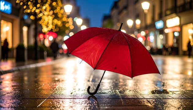 Red umbrella on wet city street at night - Powered by Adobe