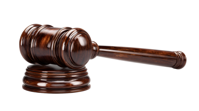 Wooden Gavel and Sound Block Symbolizing Justice and Law on Transparent Background for Legal Concepts