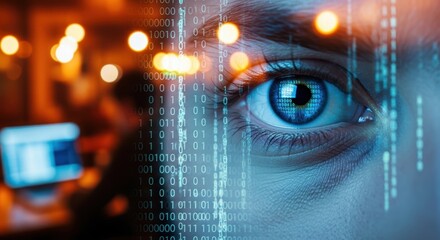 Close-up of young adult caucasian male eye in digital binary code environment