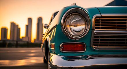 Close up of a teal vintage car with chrome accents in front of a blurred city skyline at sunset light