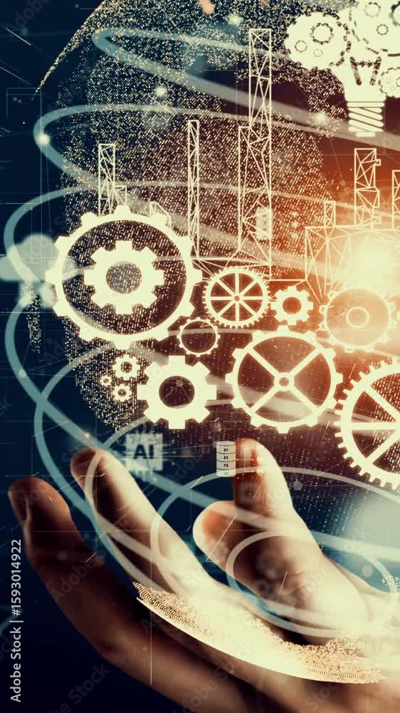 Poster futuristic industry 4.0 and inventive mechanized engineering concept with graphic user interface sho