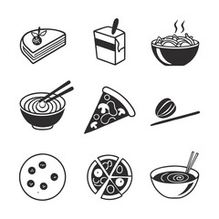 Set of food icons, coffee, tea, drink, meal, silhouette, cook, fork, meat, knife, dish, spoon, breakfast