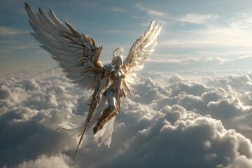Armored angel warrior flying above clouds