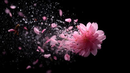 Stock photo of pink cherry blossom flower with water droplets on black background image