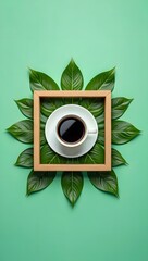 Coffee cup on green leaves background in wooden frame flat lay aesthetic morning shot