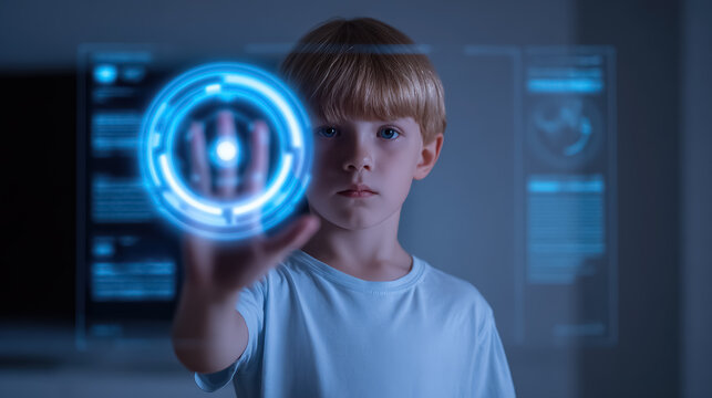 Child Interacting with Futuristic Hologram Interface - Future of Education, AI, and Smart Home Technology Concept