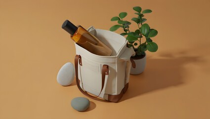 Aesthetic product photography of skincare bottle in tote bag with plant and stone props