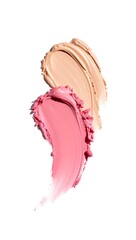 Makeup swatches beauty product photography pink blush and beige foundation on white background