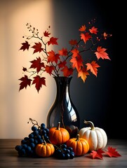 Autumn still life photography with pumpkins grapes and maple leaves in a vase art