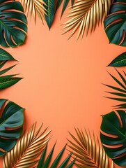 Tropical monstera leaves and golden palm fronds frame on orange background design art