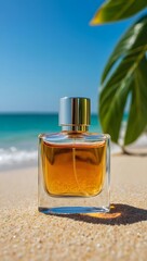Perfume bottle on beach sand with ocean view summer fragrance luxury product shot