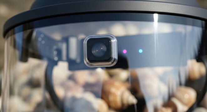 Close-up of modern surveillance camera with reflective lens