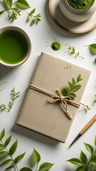Matcha tea wellness journal and pen on white background for mindful journaling concept