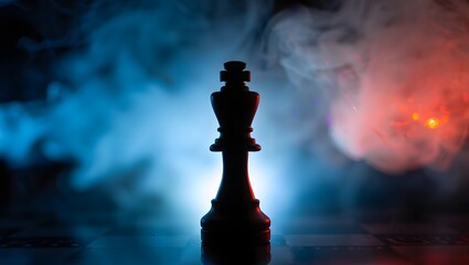 Chess king piece silhouette with dramatic lighting and smoke effect photography art