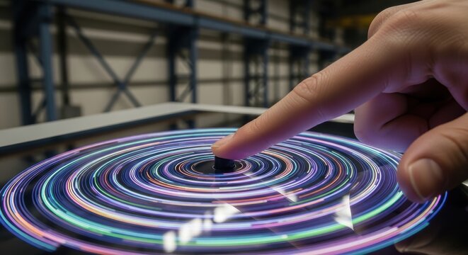 Close-up of hand activating a colorful led swirl on a touchscreen device