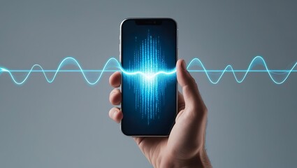 A hand holding a smartphone displaying soundwave data, representing modern technology, communication, and digital innovations. Minimalistic gray background, vibrant blue sound waves for a tech design