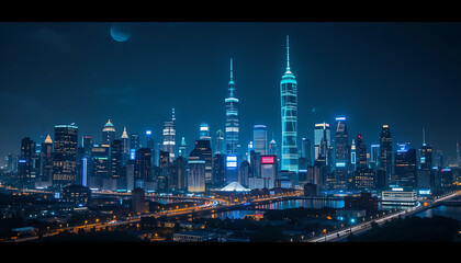 Night Cityscape: Futuristic Metropolis Skyline Panorama AI Generated