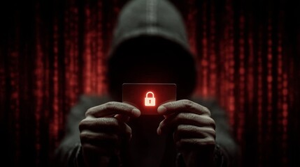 Mysterious figure in a dark hoodie holds a card with a glowing padlock symbol, surrounded by a backdrop of digital binary code, representing cybersecurity and online protection