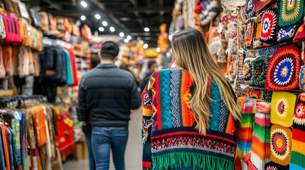Shoppers Explore Colorful Market Stalls, Focusing on Knitted Tex
