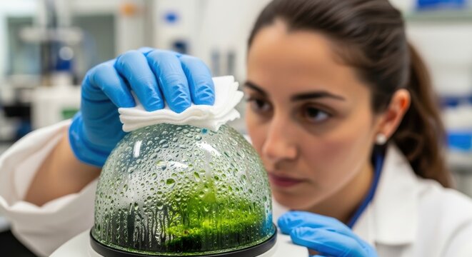 Young hispanic female scientist examining algae growth in laboratory environment - Powered by Adobe