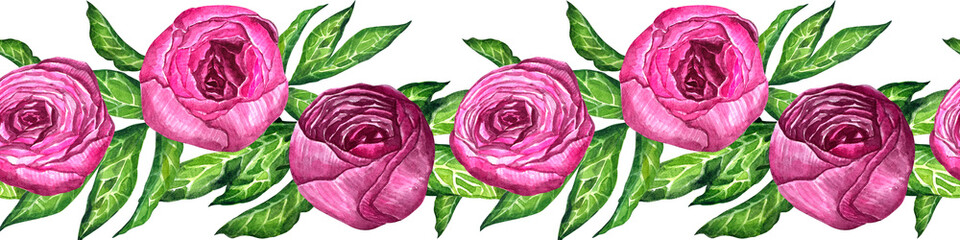 Obraz premium Watercolor illustration of flowers. Pink peonies. Seamless border, can be used for background, wallpaper, posters, cards, invitations, packaging, textiles.