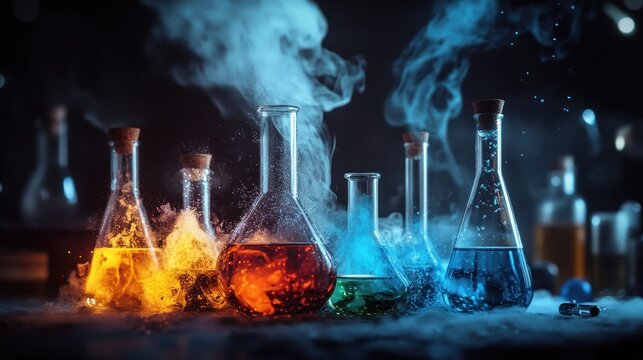 Ethereal Alchemy: Vibrant Colored Liquids in Glass Flasks with Mystical Smoke. - Powered by Adobe