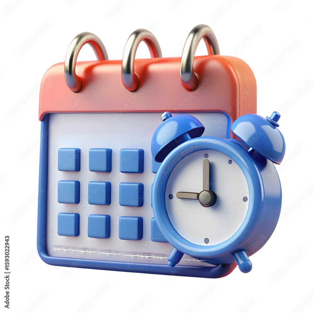 Poster calendar date with alarm clock front view 3d rendering illustration icon transparent background