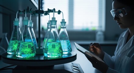 Female scientist conducting experiment with glowing chemicals in laboratory