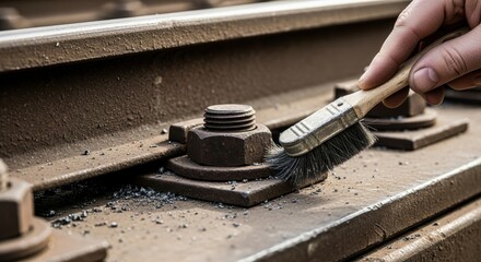 Hand cleaning rusty train tracks with brush for maintenance and safety