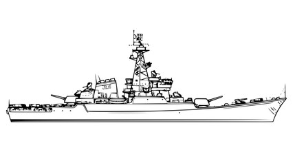 Destroyer ship in line art style, side view illustration, military naval design concept
