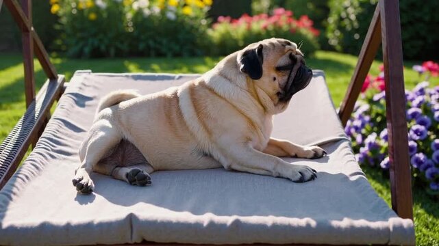 Pug Taking Siesta. Small Pug Enjoys its Midday Nap on Deck Chair in Garden Setting.