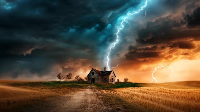 a small cabin house at rural countryside of Europe  farmland under black cloud with thunder boke strike around