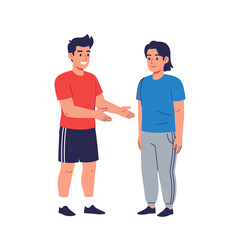 Two young men are facing each other, one is gesturing with open hands in a friendly manner.