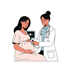 A pregnant woman sits while a doctor in a white coat examines her belly with a stethoscope. A monitor displays a heartbeat.