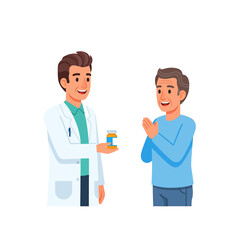 A friendly pharmacist in a white coat hands a prescription bottle to a smiling male patient on a white background.