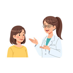 Cartoon illustration of a female doctor in a white coat consulting with a female patient in a yellow shirt.