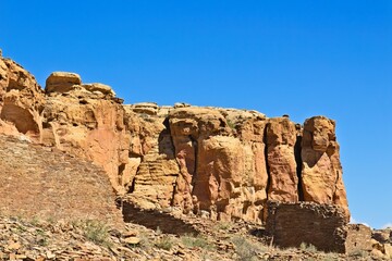 Fototapeta premium Ancient stairs carved into the cliff face near Chaco Canyon Pueblo, New Mexico. The stairs are 30 feet (9.1 meters) wide.