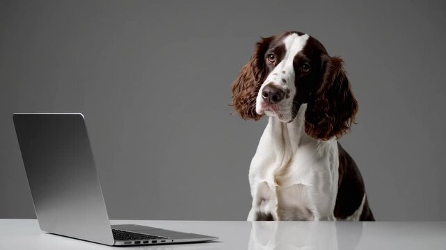 Purebred English Springer Spaniel Dog Gazing at Laptop Screen Over Grey Background