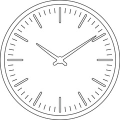 Black and white simple line drawing of a round clock face time analog clock