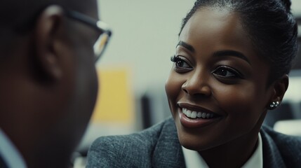 Positive business interaction, strong eye contact, confident demeanor.