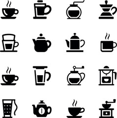 Collection of black coffee and tea icons on white background coffee cup tea pot