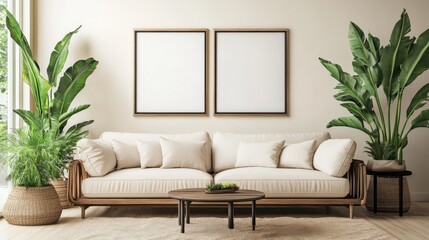 Modern beige living room with large plants and framed art