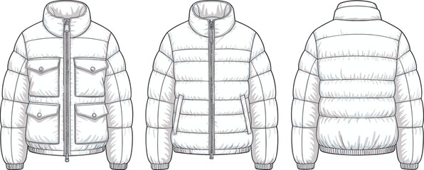 Modern puffer jacket mockup, front side and back view, warm winter wear design, stylish outerwear template, insulated fashion apparel © Halal Artist