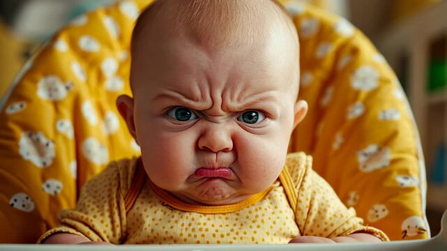 angry sulking baby boy with funny face looking at camera