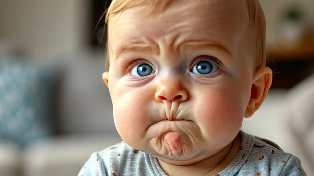 angry sulking baby boy with funny face looking at camera