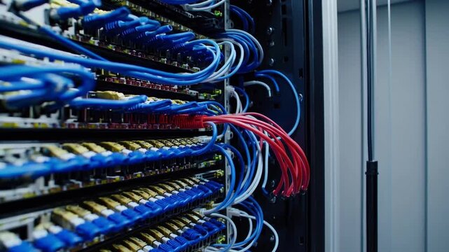 Data center server rack featuring multicolored internet cables linked to network patch panel